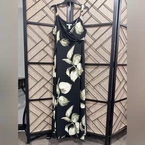 *NWOT* WHBM Black Maxi Dress with Pale Green Leaf Print - L